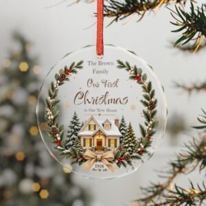 Our First Christmas Crystal Glass Ornament | Snowy House Wreath Personalized