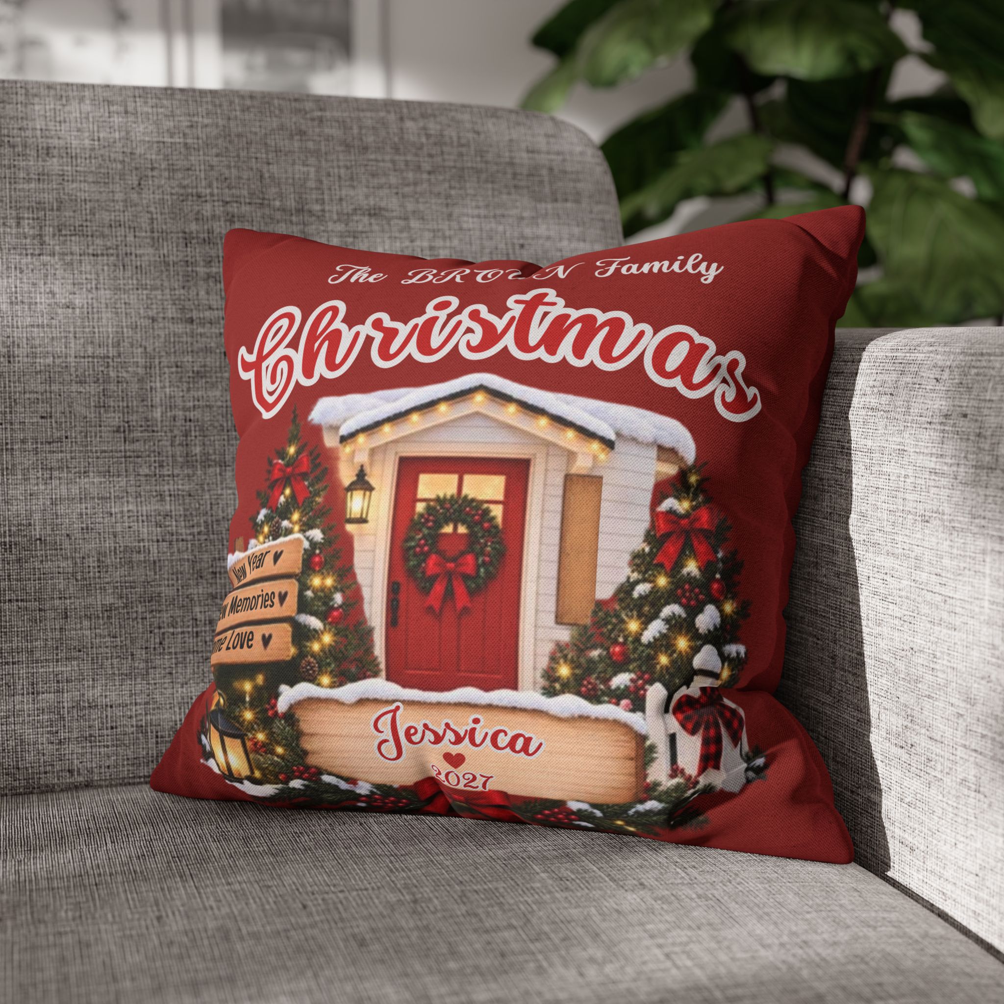 Personalized Christmas Cottage Pillowcase | Holiday Decor, Family Name - Görsel 4