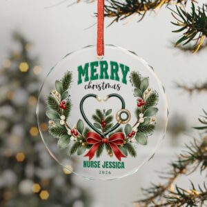 Merry Christmas Stethoscope Wreath Crystal Glass Ornament | Nurse Personalization