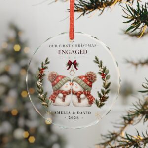 Engaged Snow Couple Crystal Glass Ornament | Our First Christmas, Personalized Names & Year
