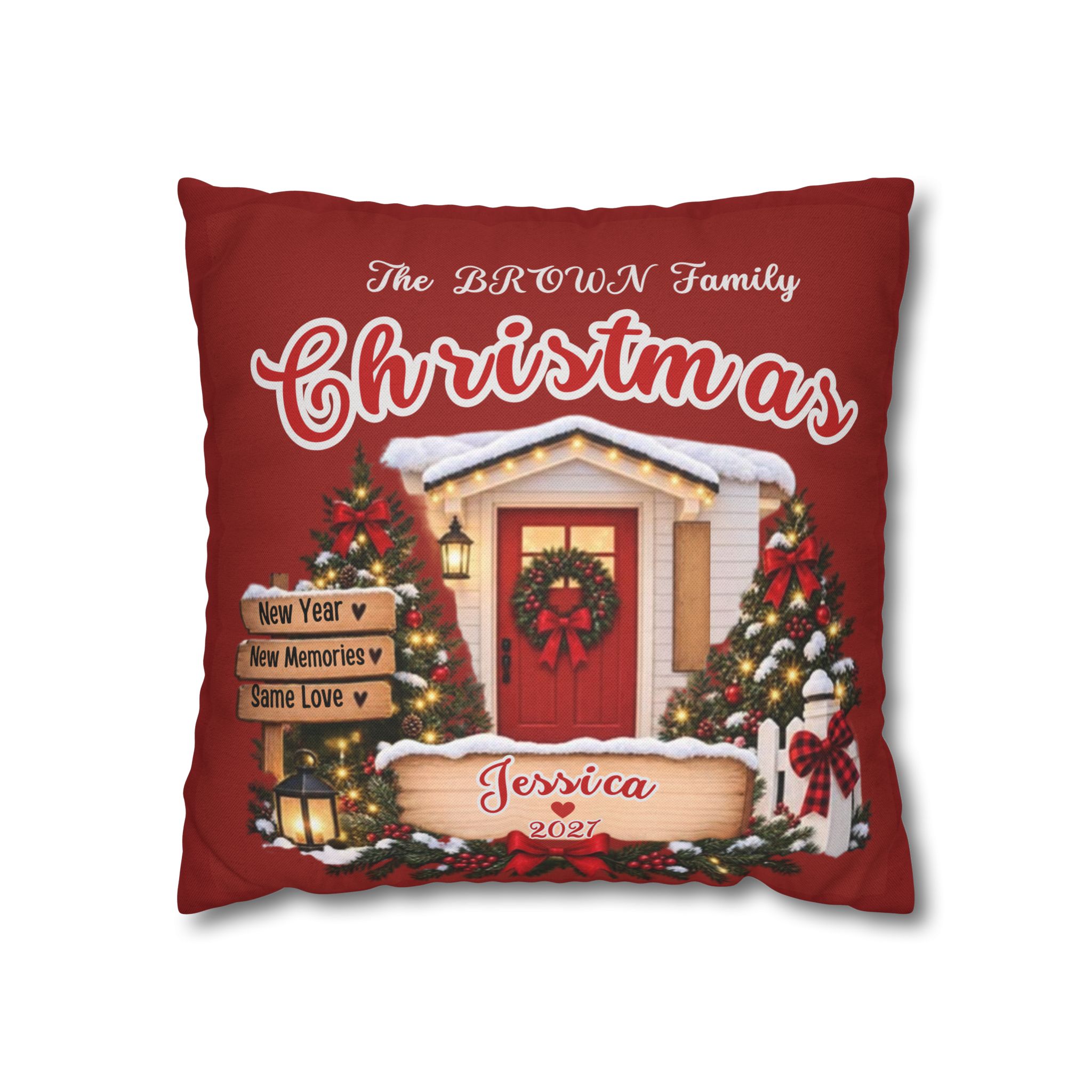 Personalized Christmas Cottage Pillowcase | Holiday Decor, Family Name - Görsel 6