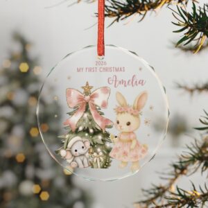 Bunny and Elephant Christmas Tree Crystal Glass Ornament | My First Christmas
