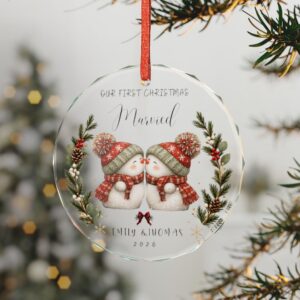 Snowman Couple 'Our First Christmas Married' Crystal Ornament | Personalized Names & Year