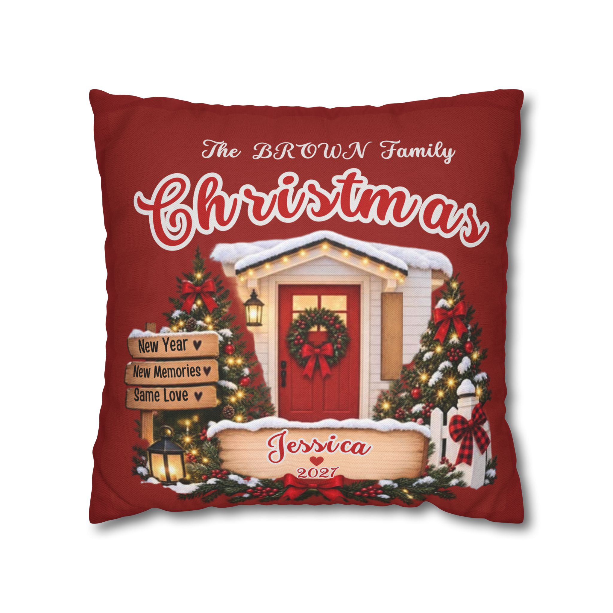Personalized Christmas Cottage Pillowcase | Holiday Decor, Family Name - Görsel 7